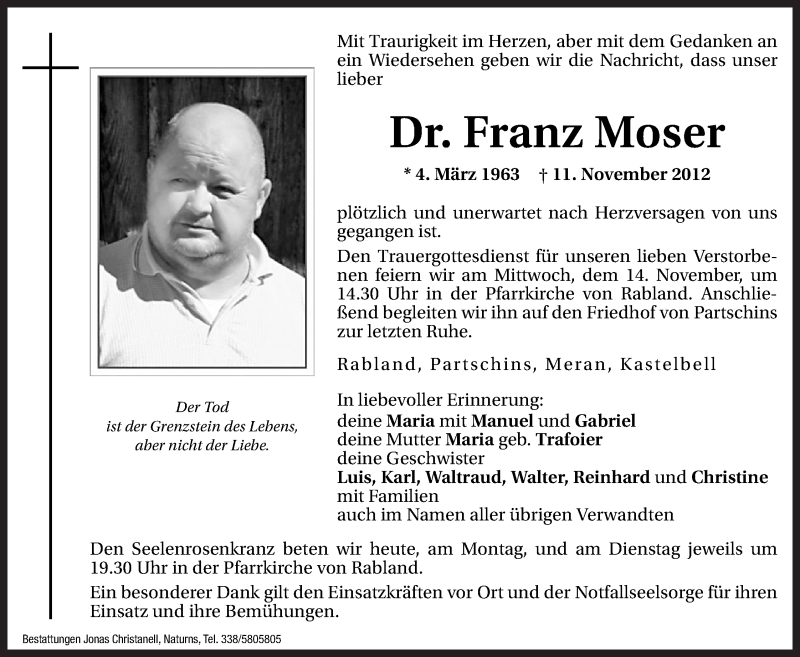  Traueranzeige für Franz Moser vom 12.11.2012 aus Dolomiten