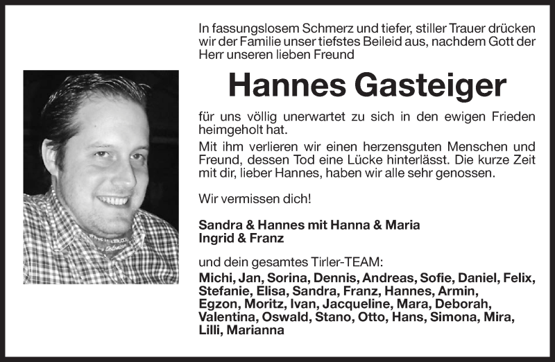  Traueranzeige für Hannes Gasteiger vom 09.09.2013 aus Dolomiten