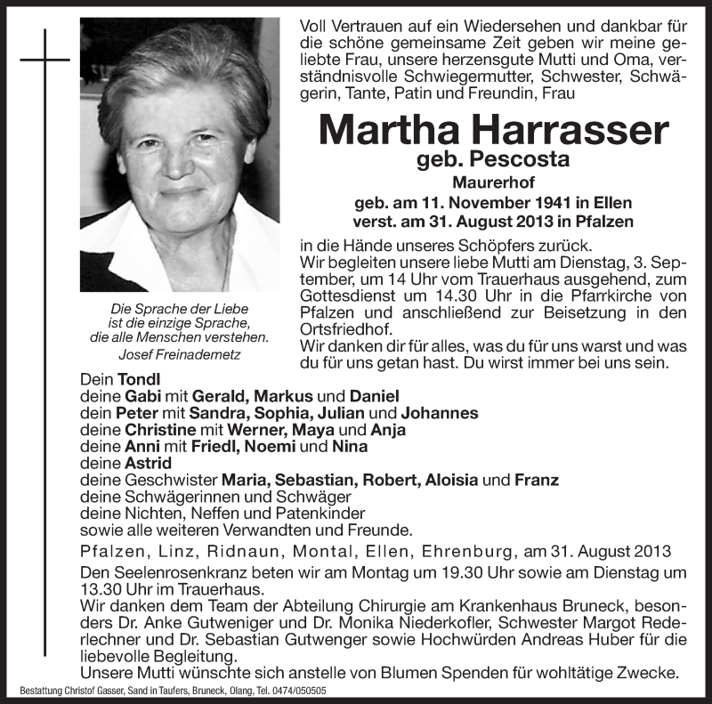  Traueranzeige für Martha Harrasser vom 02.09.2013 aus Dolomiten