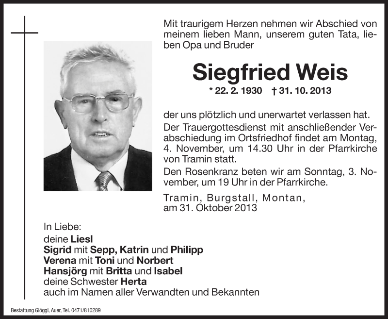  Traueranzeige für Siegfried Weis vom 02.11.2013 aus Dolomiten