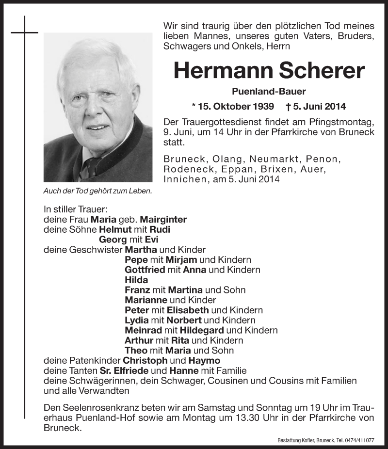  Traueranzeige für Hermann Scherer vom 07.06.2014 aus Dolomiten