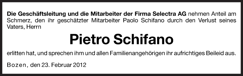  Traueranzeige für Pietro Schifano vom 25.02.2012 aus Dolomiten