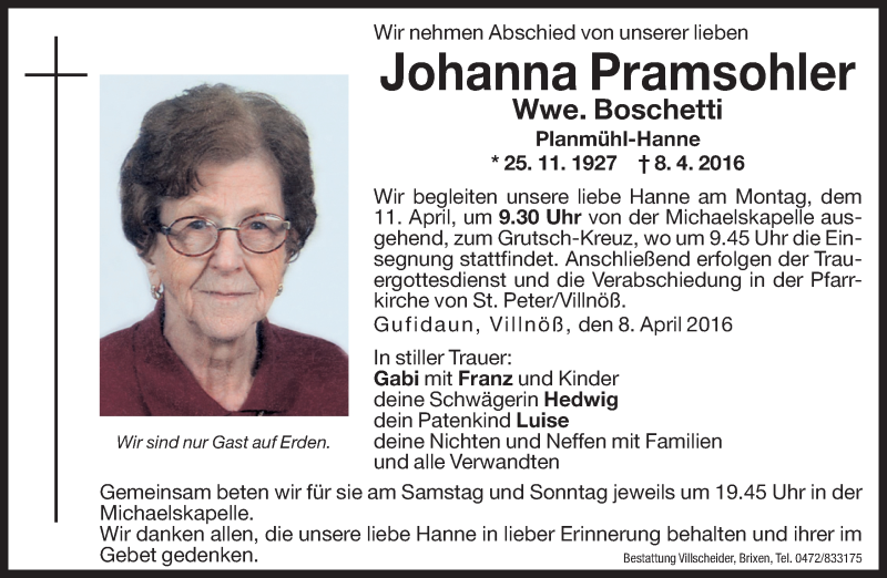  Traueranzeige für Johanna Boschetti vom 09.04.2016 aus Dolomiten