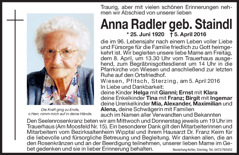  Traueranzeige für Anna Radler vom 06.04.2016 aus Dolomiten