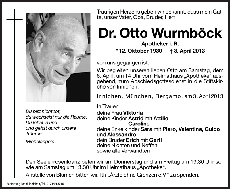  Traueranzeige für Otto Wurmböck vom 04.04.2013 aus Dolomiten