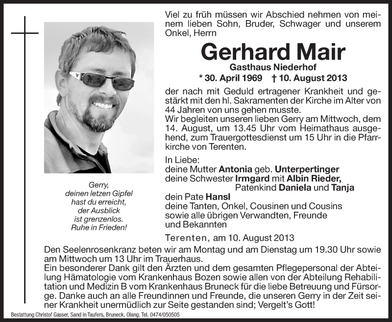  Traueranzeige für Gerhard Mair vom 12.08.2013 aus Dolomiten