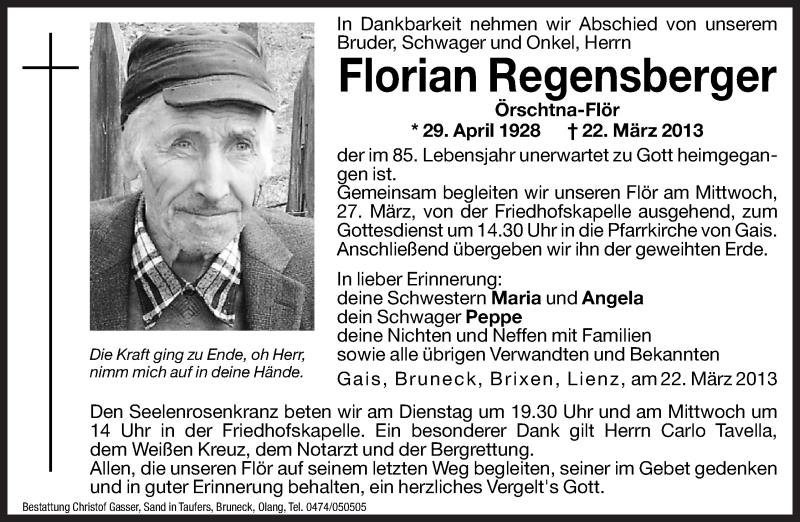  Traueranzeige für Florian Regensberger vom 26.03.2013 aus Dolomiten