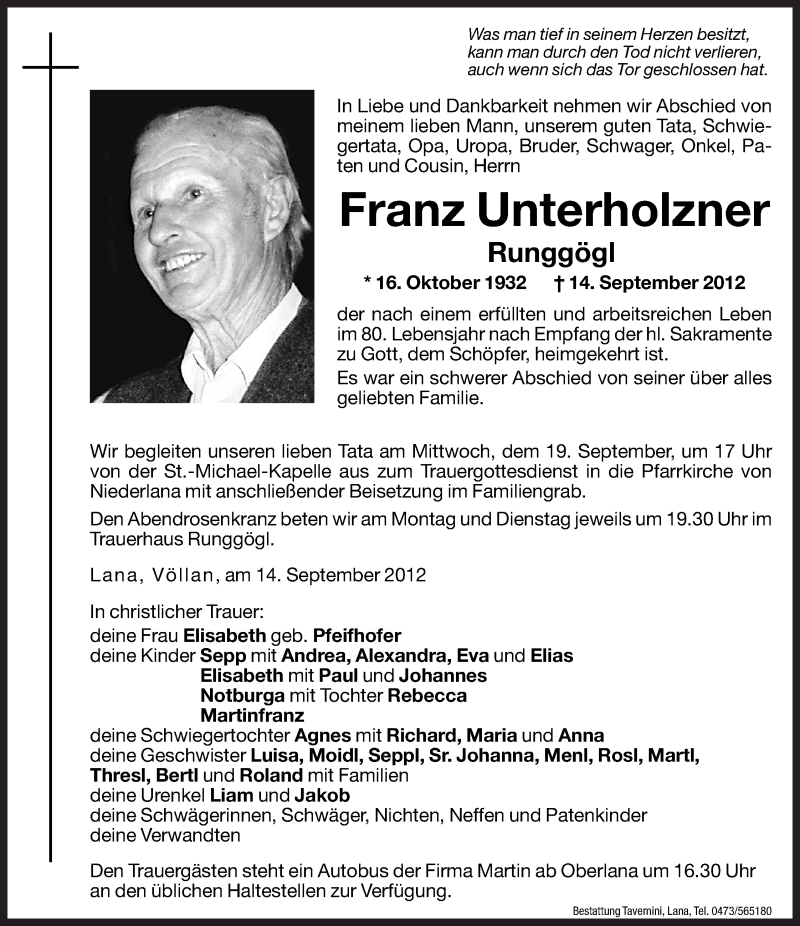  Traueranzeige für Franz Unterholzner vom 17.09.2012 aus Dolomiten