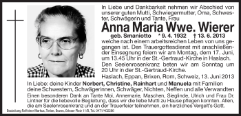 Traueranzeige von Anna Maria Wierer von Dolomiten