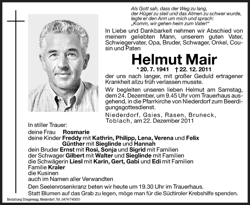  Traueranzeige für Helmut Mair vom 23.12.2011 aus Dolomiten