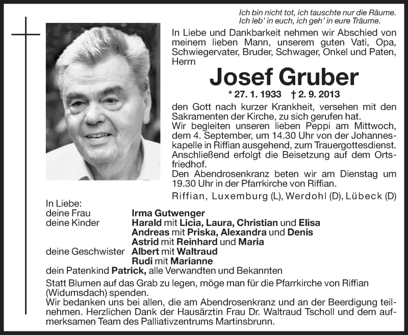  Traueranzeige für Josef Gruber vom 03.09.2013 aus Dolomiten