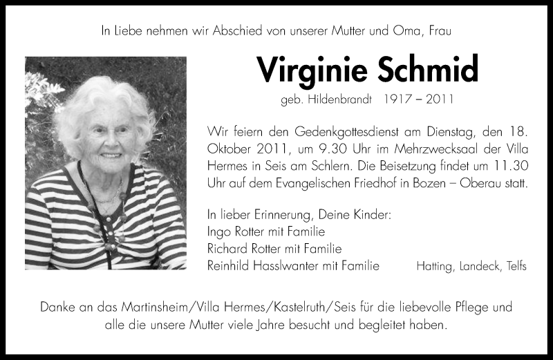  Traueranzeige für Virginie Schmid vom 15.10.2011 aus Dolomiten