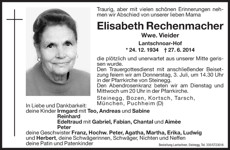  Traueranzeige für Elisabeth Vieider vom 30.06.2014 aus Dolomiten