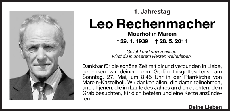  Traueranzeige für Leo Rechenmacher vom 25.05.2012 aus Dolomiten