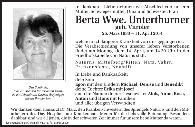  Traueranzeige für Berta Unterthurner vom 12.04.2014 aus Dolomiten