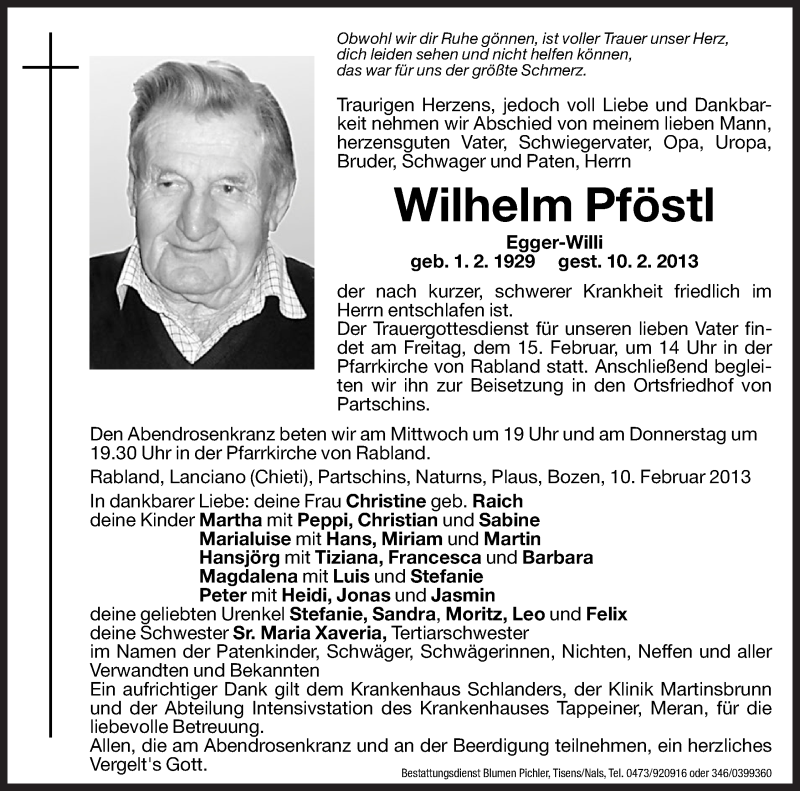  Traueranzeige für Wilhelm Pföstl vom 12.02.2013 aus Dolomiten