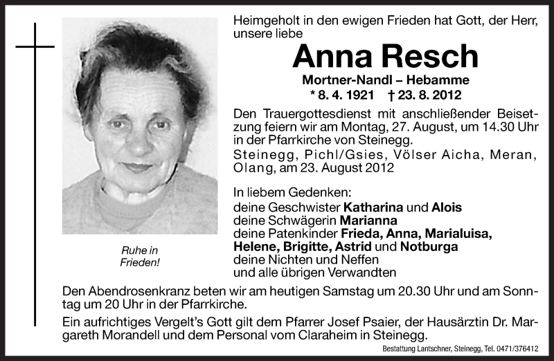  Traueranzeige für Anna Resch vom 25.08.2012 aus Dolomiten