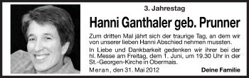 Traueranzeige von Hanni Ganthaler von Dolomiten
