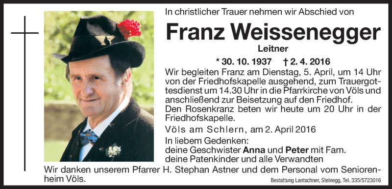  Traueranzeige für Franz Weissenegger vom 04.04.2016 aus Dolomiten