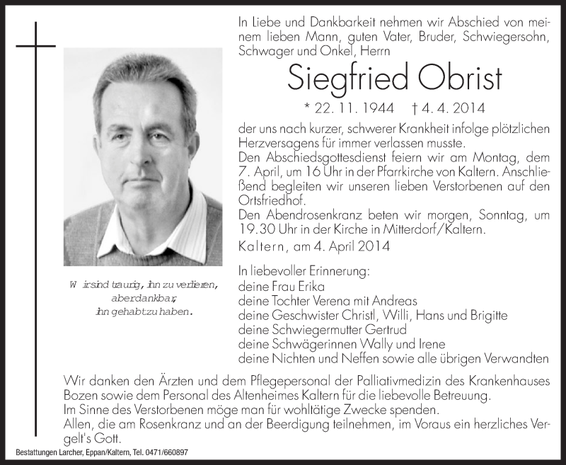  Traueranzeige für Siegfried Obrist vom 05.04.2014 aus Dolomiten