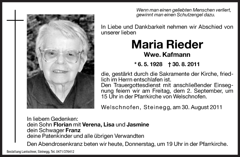  Traueranzeige für Maria Kaufmann vom 01.09.2011 aus Dolomiten