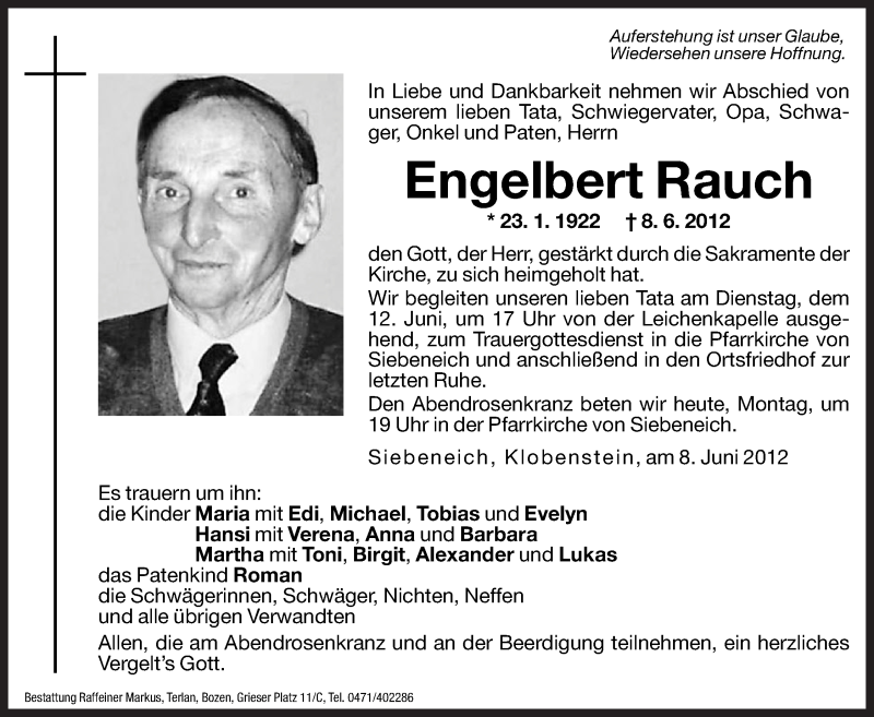  Traueranzeige für Engelbert Rauch vom 11.06.2012 aus Dolomiten