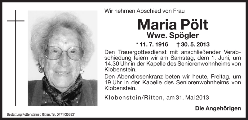  Traueranzeige für Maria Spögler vom 31.05.2013 aus Dolomiten