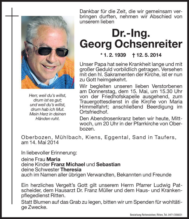  Traueranzeige für Georg Ochsenreiter vom 14.05.2014 aus Dolomiten