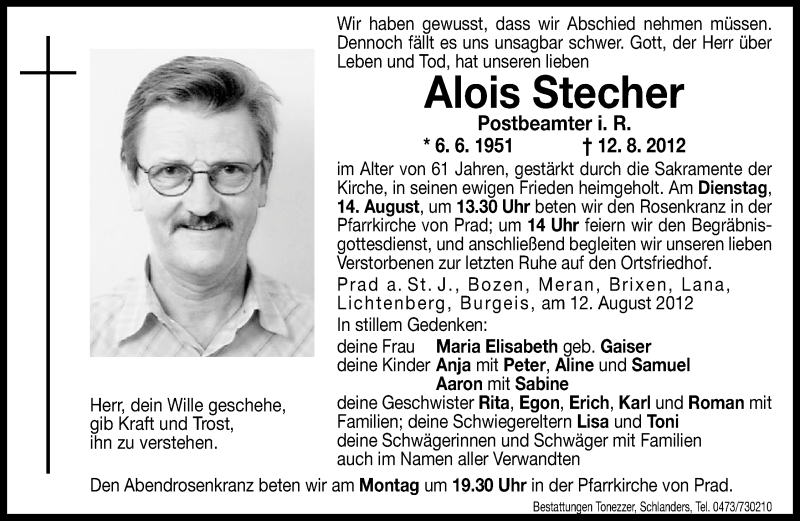  Traueranzeige für Alois Stecher vom 01.01.0001 aus Dolomiten