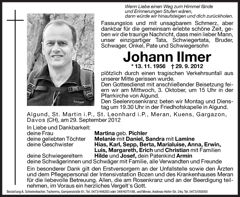  Traueranzeige für Johann Ilmer vom 01.10.2012 aus Dolomiten