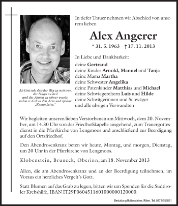 Traueranzeige von Alex Angerer von Dolomiten