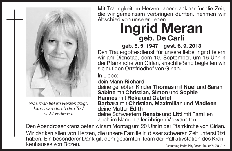  Traueranzeige für Ingrid Meran vom 09.09.2013 aus Dolomiten