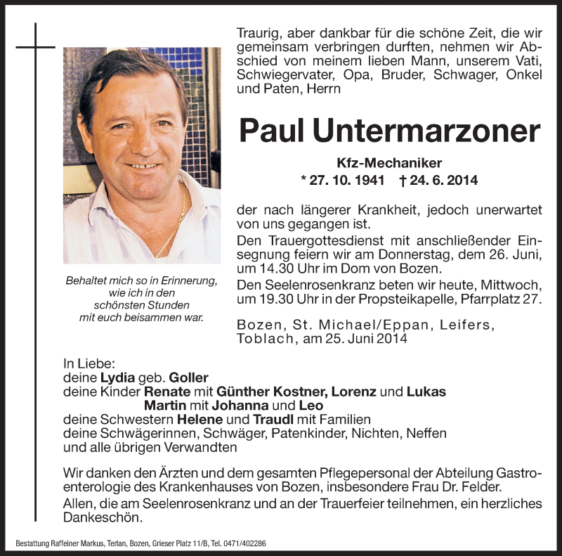  Traueranzeige für Paul Untermarzoner vom 25.06.2014 aus Dolomiten