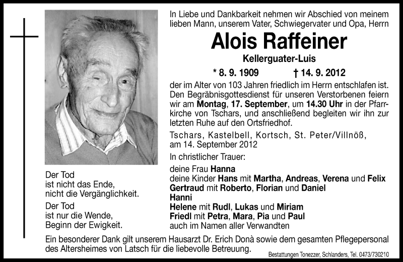  Traueranzeige für Alois Raffeiner vom 17.09.2012 aus Dolomiten