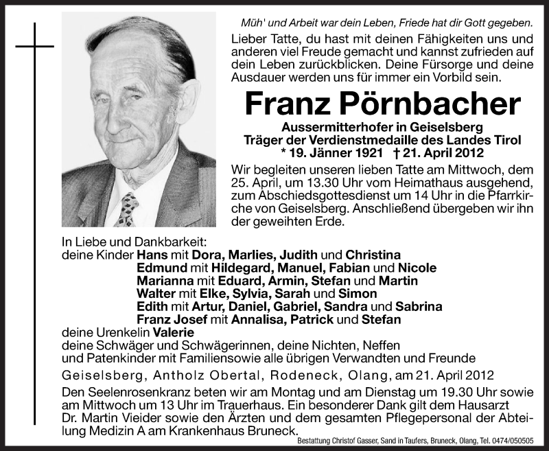  Traueranzeige für Franz Pörnbacher vom 23.04.2012 aus Dolomiten