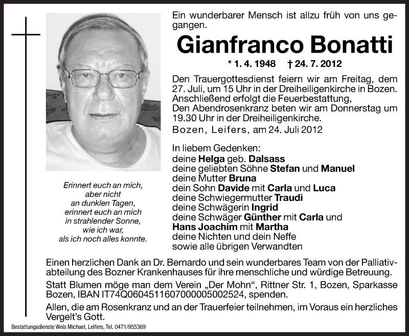  Traueranzeige für Gianfranco Bonatti vom 25.07.2012 aus Dolomiten