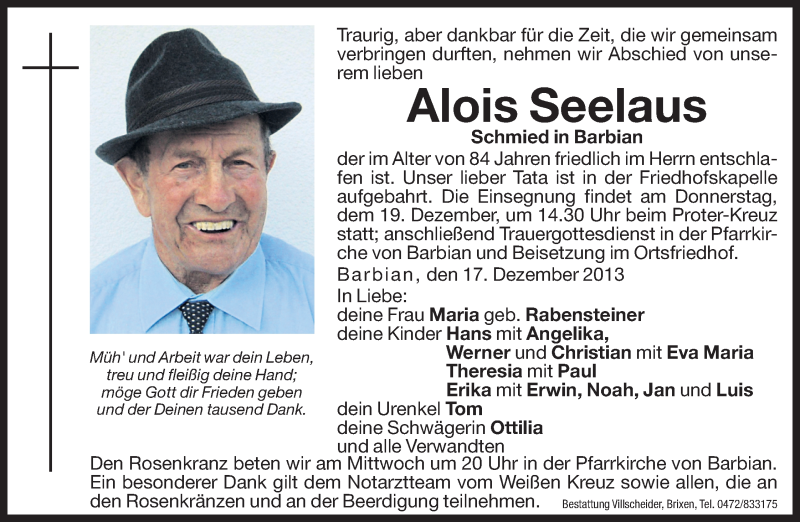  Traueranzeige für Alois Seelaus vom 18.12.2013 aus Dolomiten