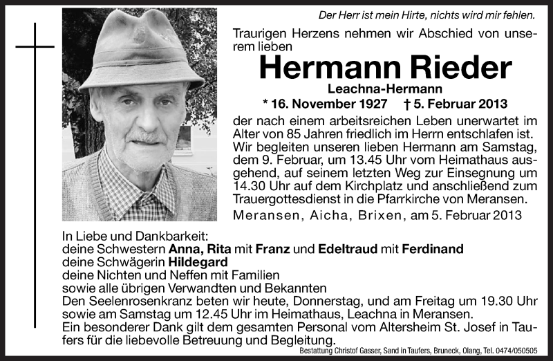  Traueranzeige für Hermann Rieder vom 07.02.2013 aus Dolomiten