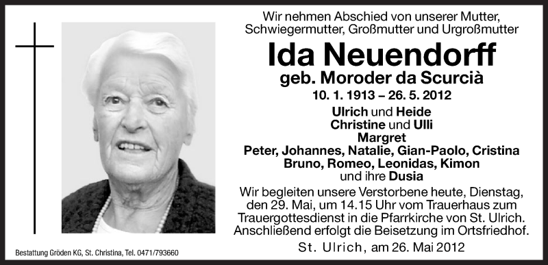  Traueranzeige für Ida Neuendorff vom 29.05.2012 aus Dolomiten