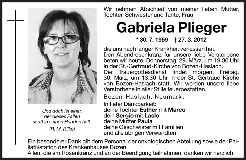  Traueranzeige für Gabriela Plieger vom 29.03.2012 aus Dolomiten