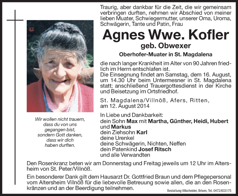  Traueranzeige für Agnes Kofler vom 14.08.2014 aus Dolomiten