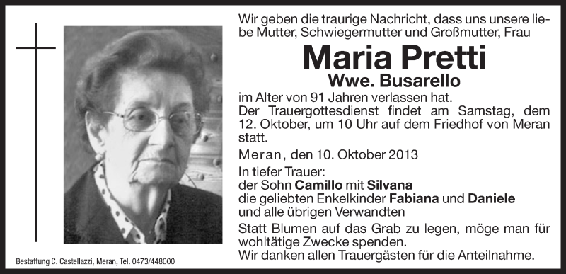  Traueranzeige für Maria Busarello vom 11.10.2013 aus Dolomiten