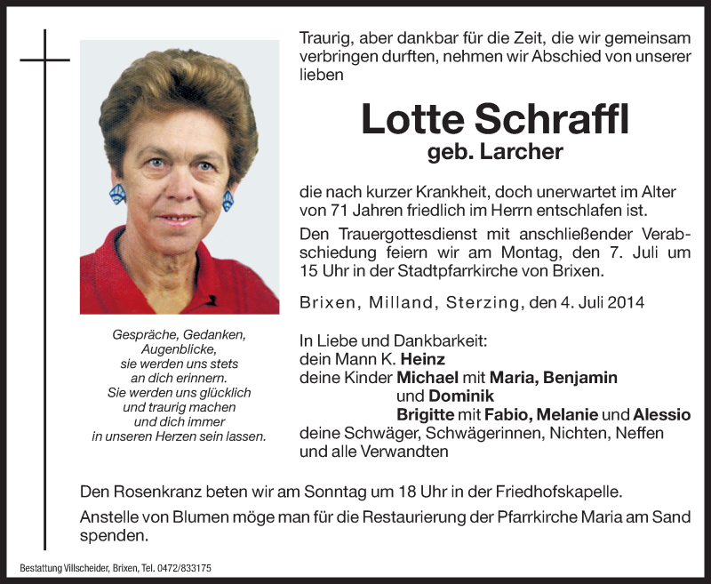  Traueranzeige für Lotte Schraffl vom 05.07.2014 aus Dolomiten