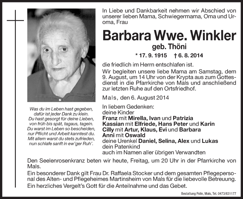  Traueranzeige für Barbara Winkler vom 08.08.2014 aus Dolomiten