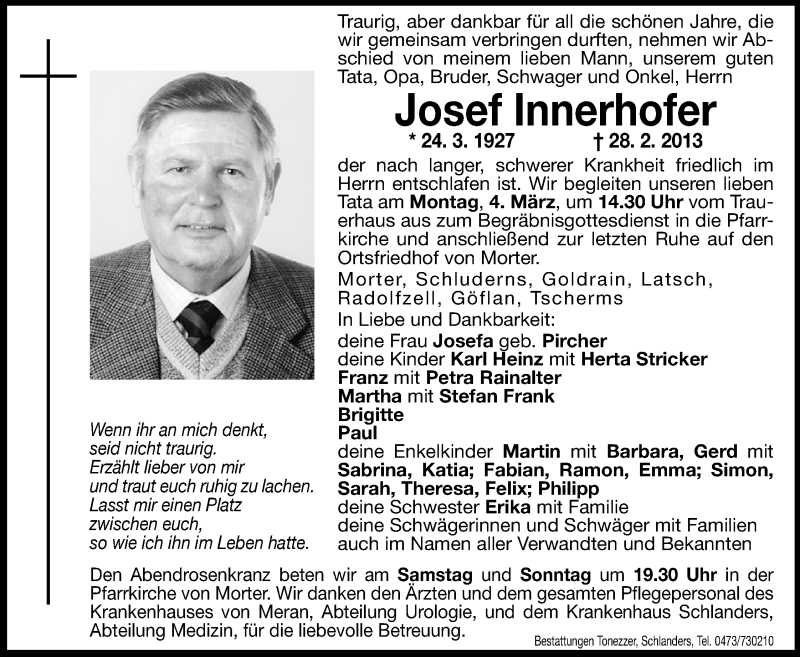  Traueranzeige für Josef Innerhofer vom 02.03.2013 aus Dolomiten