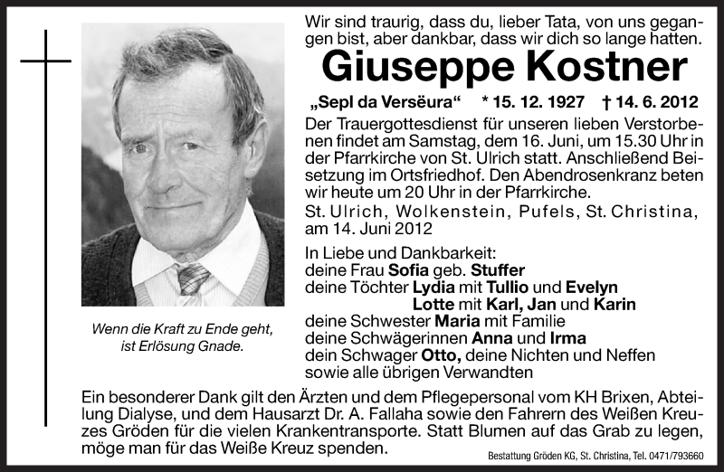  Traueranzeige für Giuseppe Kostner vom 15.06.2012 aus Dolomiten