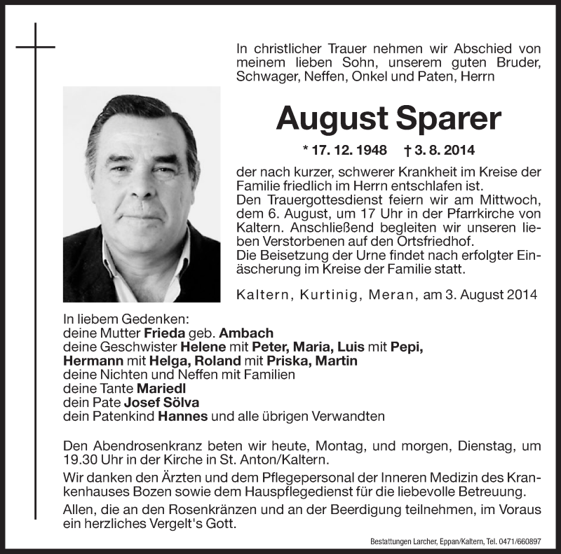  Traueranzeige für August Sparer vom 04.08.2014 aus Dolomiten