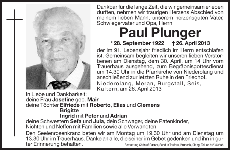  Traueranzeige für Paul Plunger vom 29.04.2013 aus Dolomiten