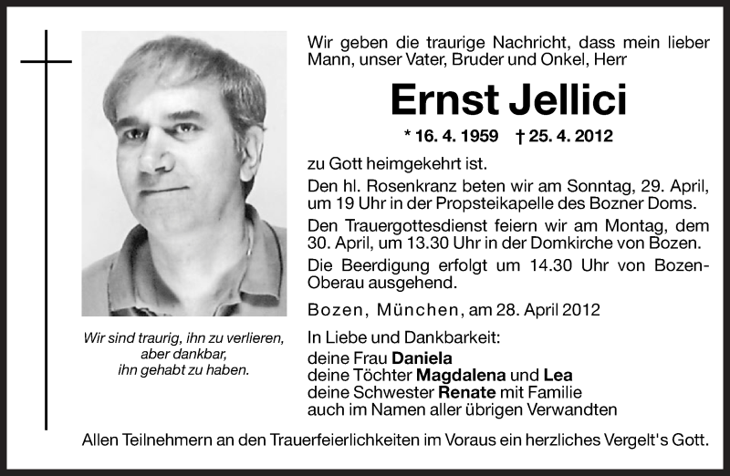  Traueranzeige für Ernst Jellici vom 28.04.2012 aus Dolomiten