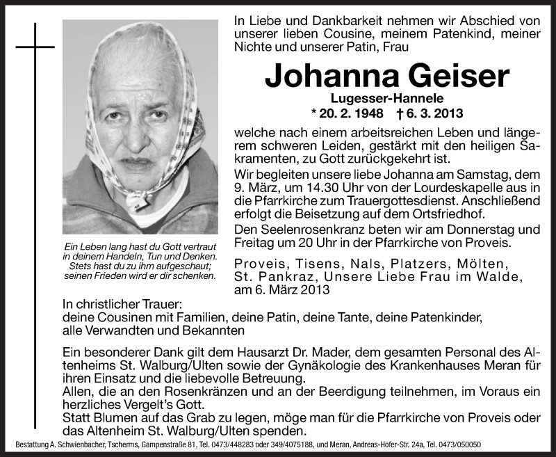  Traueranzeige für Johanna Geiser vom 07.03.2013 aus Dolomiten